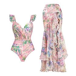 Floral Einteilige Badeanzüge für Frauen Rüschen Lange Strandrock V-Ausschnitt Badeanzug Bademode Cover ups, Pink+Grün, Large von ABAFIP