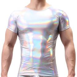 Herren Metallic Glänzende T-Shirts Tank Top Kurzarm T-Shirts Rave Outfits Festtival 70er Jahre Disco Dance Top, Silber, L von ABAFIP