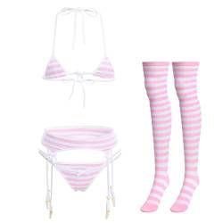 Niedliches Kawaii-Anime-Dessous-Set mit Neckholder-Trägern, Mikro-BH, winziger Höschen-Strumpfband, Gürtel, gestreifte Strümpfe, 4 Stück Unterwäsche, Pink, Einheitsgröße von ABAFIP