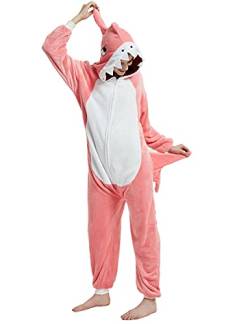 ABENCA Shark Onesie Erwachsene Tier Kostüm Frauen Pyjama Plüsch Einteiler Cosplay Halloween Weihnachten, A-rosa Hai, XL von ABENCA