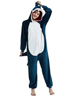 ABENCA Shark Onesie Erwachsene Tier Kostüm Frauen Pyjama Plüsch Einteiler Cosplay Halloween Weihnachten, Blauer Hai, XL von ABENCA