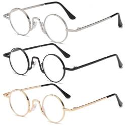 ABETOS 3 Pack Lesebrille Herren Damen Runde Klein Retro Metall Lesebrillen mit Blaulichtfilter Flexibel Scharniere Leicht Computer Lesehilfe Brille mit Stärke, Schwarz&Gold&Silber +2.0 von ABETOS