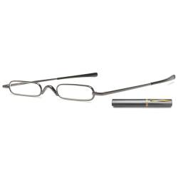 ABETOS Mini Schmal Lesebrille Kompakt Leicht Brille mit Etui Federscharnier Metall Lesehilfe Sehhilfe Mode Tragbare Lesebrillen Damen Herren (Grau, 1.5) von ABETOS