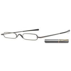 ABETOS Mini Schmal Lesebrille Kompakt Leicht Brille mit Etui Federscharnier Metall Lesehilfe Sehhilfe Mode Tragbare Lesebrillen Damen Herren (Grau, 1.75) von ABETOS