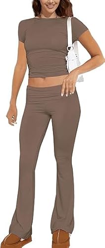 ABINGOO Damen Baumwoll Lounge Set Oberteil Und Schlaghose Set Geschnittene Yoga Trainingsanzug Zweiteiliger Outfit Schmal Loungewear Set(S-Braun,L) von ABINGOO