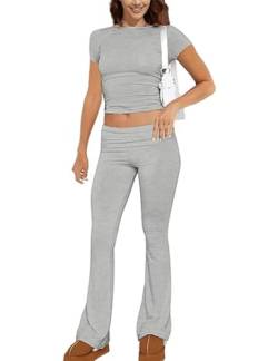 ABINGOO Damen Baumwoll Lounge Set Oberteil Und Schlaghose Set Geschnittene Yoga Trainingsanzug Zweiteiliger Outfit Schmal Loungewear Set(S-Grau,M) von ABINGOO