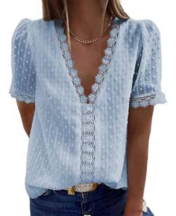 ABINGOO Damen Bluse Spitze Casual V-Ausschnitt Elegant Einfarbiges Basic Pullover Shirt Oberteil Tops(Z-Hellblau,XL) von ABINGOO