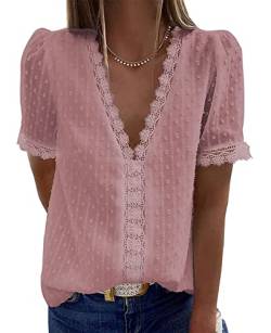 ABINGOO Damen Bluse Spitze Casual V-Ausschnitt Elegant Einfarbiges Basic Pullover Shirt Oberteil Tops(Z-Rosa,M) von ABINGOO