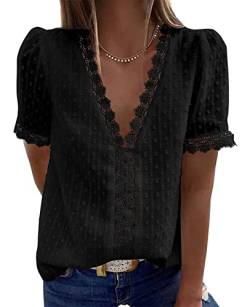 ABINGOO Damen Bluse Spitze Casual V-Ausschnitt Elegant Einfarbiges Basic Pullover Shirt Oberteil Tops(Z-Schwarz,M) von ABINGOO