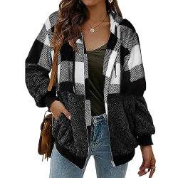 ABINGOO Damen Kapuzenjacke Warm Mantel Teddy-Fleece Plüschjacke Karierte Casuale Zip Hoodie Cardigan Outwear(Schwarz+Weiß,XL) von ABINGOO