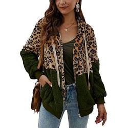 ABINGOO Damen Kapuzenjacke Warm Mantel Teddy-Fleece Plüschjacke Leopard Casuale Zip Hoodie Cardigan Outwear,Grün,L von ABINGOO