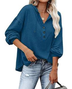 ABINGOO Damen Kapuzenpullover Hooded V-Ausschnitt Henley Pullover Langarm Knopf Sweatshirt Casual Oversized Oberteile Tops(Blau,M) von ABINGOO