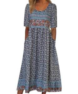 ABINGOO Damen Kurzarm Rundhals Sommerkleid Boho Blumendruck A-Linie Kleid Lose Midikleid Freizeitkleid Strandkleider mit Taschen(D-Blumen,XL) von ABINGOO