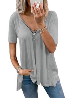 ABINGOO Damen Kurzarm V-Ausschnitt T-Shirt mit Reißverschluss Einfarbig Casual Tunika Lose Basic Tops Elegant Bluse Shirt(Grau,XL) von ABINGOO
