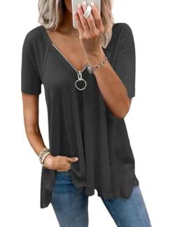 ABINGOO Damen Kurzarm V-Ausschnitt T-Shirt mit Reißverschluss Einfarbig Casual Tunika Lose Basic Tops Elegant Bluse Shirt(Schwarz,XL) von ABINGOO