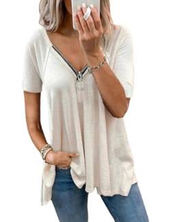ABINGOO Damen Kurzarm V-Ausschnitt T-Shirt mit Reißverschluss Einfarbig Casual Tunika Lose Basic Tops Elegant Bluse Shirt(Weiß,XL) von ABINGOO
