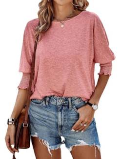 ABINGOO Damen Lässige Rundhals T-Shirt 3/4 Laternenärmel Lose Oberteile Tops Frühling Sommer Elegant Basic Bluse Tunika(Rosa,L) von ABINGOO