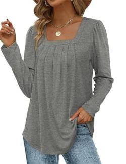 ABINGOO Damen Langarm Elegant Tunika Herbst Einfarbig Falten Lässige Bluse Flowy Locker Longshirt Tops(Grau,XL) von ABINGOO