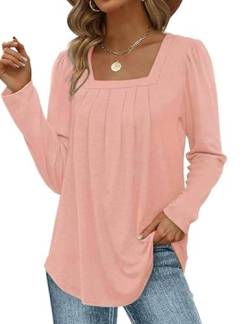 ABINGOO Damen Langarm Elegant Tunika Herbst Einfarbig Falten Lässige Bluse Flowy Locker Longshirt Tops(Rosa,M) von ABINGOO