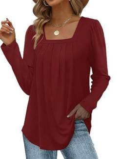 ABINGOO Damen Langarm Elegant Tunika Herbst Einfarbig Falten Lässige Bluse Flowy Locker Longshirt Tops(Rot,XL) von ABINGOO