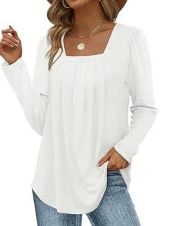 ABINGOO Damen Langarm Elegant Tunika Herbst Einfarbig Falten Lässige Bluse Flowy Locker Longshirt Tops(Weiß,L) von ABINGOO