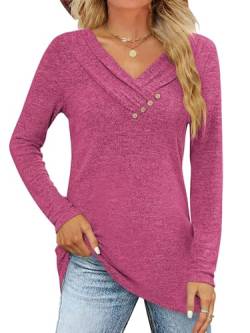 ABINGOO Damen Langarmshirts Tunika Tops V-Ausschnitt Frühlingblusen Oberteil Knopf Bluse Sweatshirt Damen Lässige Pullover Elegant Einfarbig T-Shirts(Rosa,L) von ABINGOO