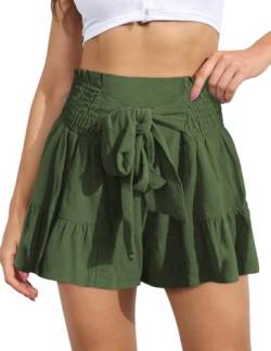 ABINGOO Damen Leinen Shorts Sommer Freizeit Elastische Hoher Taille Shorts Rüschen Strand Shorts Lockere Shorts mit Bowknot Gürtel(Armee grün,L) von ABINGOO