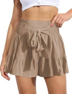 ABINGOO Damen Leinen Shorts Sommer Freizeit Elastische Hoher Taille Shorts Rüschen Strand Shorts Lockere Shorts mit Bowknot Gürtel(Beige,L) von ABINGOO