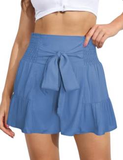 ABINGOO Damen Leinen Shorts Sommer Freizeit Elastische Hoher Taille Shorts Rüschen Strand Shorts Lockere Shorts mit Bowknot Gürtel(Blau,M) von ABINGOO