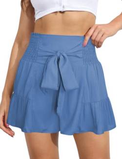 ABINGOO Damen Leinen Shorts Sommer Freizeit Elastische Hoher Taille Shorts Rüschen Strand Shorts Lockere Shorts mit Bowknot Gürtel(Blau,XL) von ABINGOO