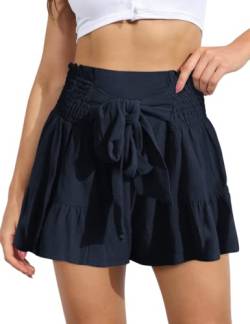 ABINGOO Damen Leinen Shorts Sommer Freizeit Elastische Hoher Taille Shorts Rüschen Strand Shorts Lockere Shorts mit Bowknot Gürtel(Dunkelblau,XL) von ABINGOO