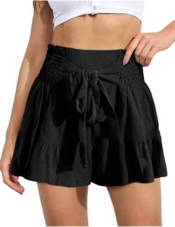 ABINGOO Damen Leinen Shorts Sommer Freizeit Elastische Hoher Taille Shorts Rüschen Strand Shorts Lockere Shorts mit Bowknot Gürtel(Schwarz,S) von ABINGOO