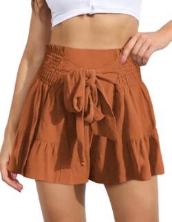 ABINGOO Damen Leinen Shorts Sommer Freizeit Elastische Hoher Taille Shorts Rüschen Strand Shorts Lockere Shorts mit Bowknot Gürtel(Ziegelrot,L) von ABINGOO