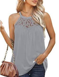 ABINGOO Damen Neckholder Tanktop Sommer Ärmellos Elegant Spitzen Camisole Tops Rundhals Casual Loose Fit Blusentop Weste Top(Grau,L) von ABINGOO