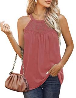 ABINGOO Damen Neckholder Tanktop Sommer Ärmellos Elegant Spitzen Camisole Tops Rundhals Casual Loose Fit Blusentop Weste Top(Rosa,L) von ABINGOO