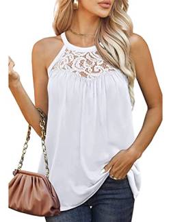 ABINGOO Damen Neckholder Tanktop Sommer Ärmellos Elegant Spitzen Camisole Tops Rundhals Casual Loose Fit Blusentop Weste Top(Weiß,L) von ABINGOO