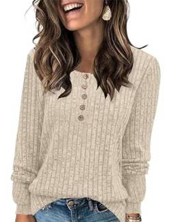 ABINGOO Damen Pullover Lässige Sweater Leichtes Henley Shirt Rundhals Herbst Strickpullover Einfarbig Langarm Locker Basic Tunika Tops(Beige,M) von ABINGOO