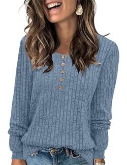 ABINGOO Damen Pullover Lässige Sweater Leichtes Henley Shirt Rundhals Herbst Strickpullover Einfarbig Langarm Locker Basic Tunika Tops(Blau,XL) von ABINGOO