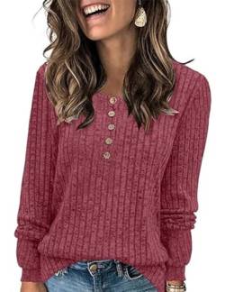 ABINGOO Damen Pullover Lässige Sweater Leichtes Henley Shirt Rundhals Herbst Strickpullover Einfarbig Langarm Locker Basic Tunika Tops(Rot,M) von ABINGOO