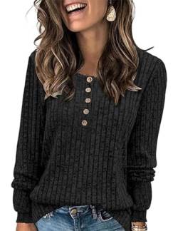 ABINGOO Damen Pullover Lässige Sweater Leichtes Henley Shirt Rundhals Herbst Strickpullover Einfarbig Langarm Locker Basic Tunika Tops(Schwarz,L) von ABINGOO