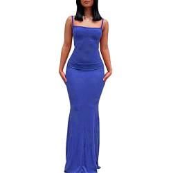 ABINGOO Damen Spaghettiträger Figurbetontes Ärmellos Lange Einfarbig Slip Kleid Skims Maxikleid Fischschwanzkleider Cocktail Partykleid(Blau,S) von ABINGOO