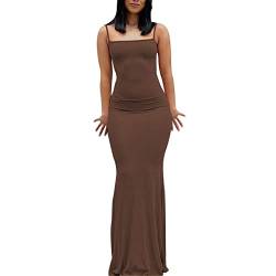 ABINGOO Damen Spaghettiträger Figurbetontes Ärmellos Lange Einfarbig Slip Kleid Skims Maxikleid Fischschwanzkleider Cocktail Partykleid(Braun,L) von ABINGOO