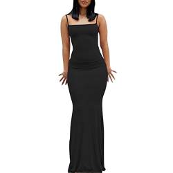 ABINGOO Damen Spaghettiträger Figurbetontes Ärmellos Lange Einfarbig Slip Kleid Skims Maxikleid Fischschwanzkleider Cocktail Partykleid(Schwarz,L) von ABINGOO