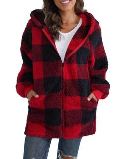 ABINGOO Damen Teddy Fleece Mantel Kariert Warm Winterjacke Kapuzenjacke Flauschig Plüschjacke Reißverschluss Sweatshirt mit Kapuze und Taschen(Rot,L) von ABINGOO