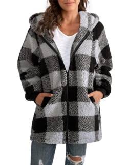 ABINGOO Damen Teddy Fleece Mantel Kariert Warm Winterjacke Kapuzenjacke Flauschig Plüschjacke Reißverschluss Sweatshirt mit Kapuze und Taschen(Schwarz,XL) von ABINGOO