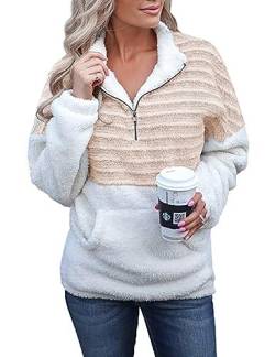 ABINGOO Damen Teddy Fleece Pullover Plüsch Stehkragen Winter Warm Hoodie Flauschig Sweatshirt Fuzzy Oberteile mit 1/4 Ausschnitt Reißverschluss(Beige,S) von ABINGOO