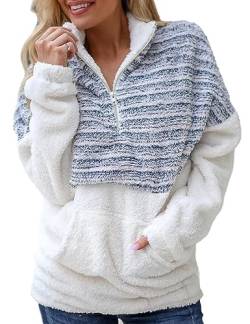 ABINGOO Damen Teddy Fleece Pullover Plüsch Stehkragen Winter Warm Hoodie Flauschig Sweatshirt Fuzzy Oberteile mit 1/4 Ausschnitt Reißverschluss(Blau,M) von ABINGOO