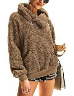 ABINGOO Damen Teddy Fleece Pullover Winterjacke Sweater Langarm Sweatshirt Winter Warm Weich Plüschjacke Kapuzenpullover mit Taschen(Bronze,S) von ABINGOO