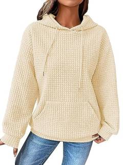 ABINGOO Damen Waffel Einfarbiges Kordelzug Kapuzenpullover Y2K Baggy Locker Pullover Leichte Drop Shoulder Hoodie mit Tasche(Beige,L) von ABINGOO