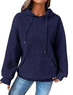 ABINGOO Damen Waffel Einfarbiges Kordelzug Kapuzenpullover Y2K Baggy Locker Pullover Leichte Drop Shoulder Hoodie mit Tasche(Blau,XL) von ABINGOO